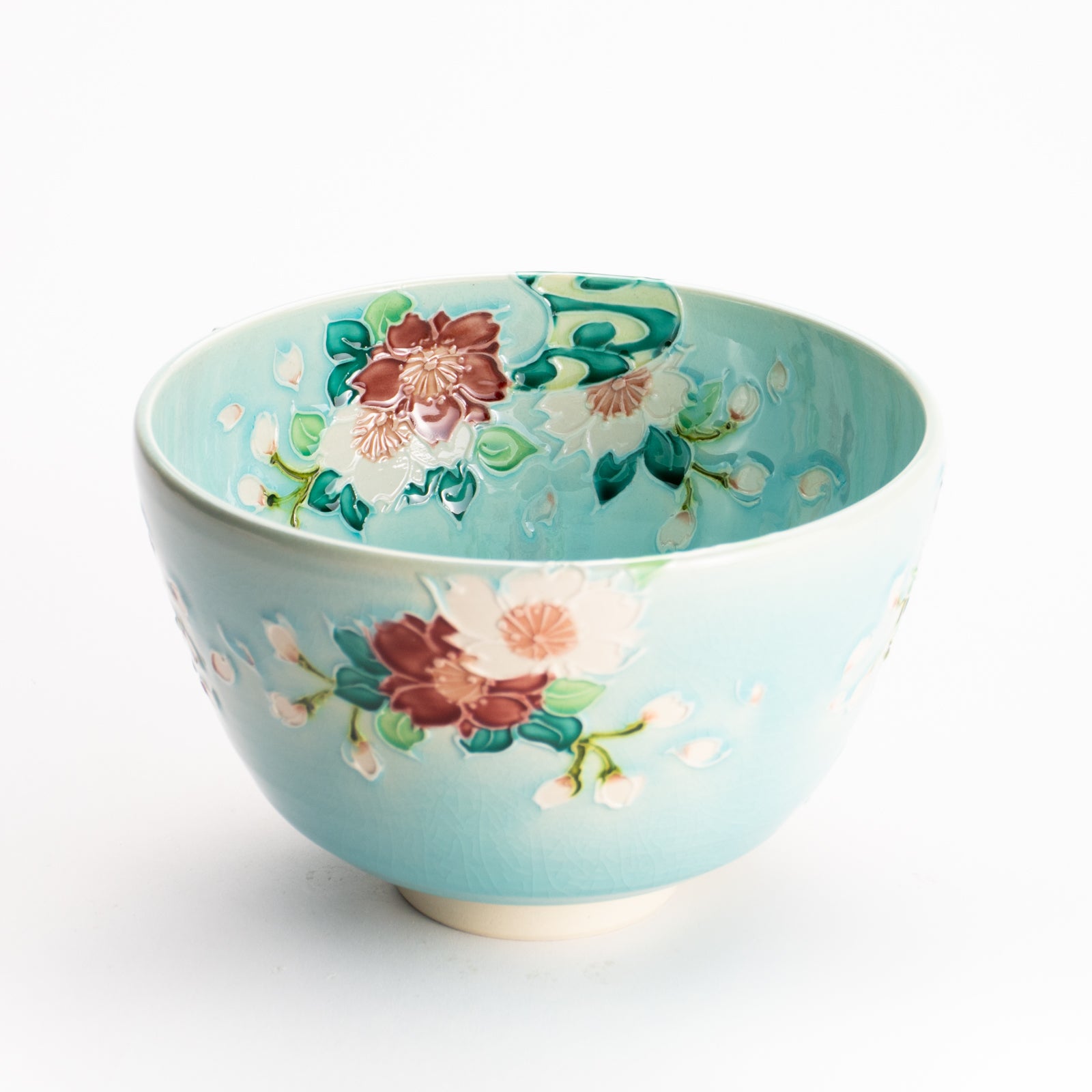 抹茶碗　淡青交趾 "桜に観世水"　一如 KOTOPOTTER