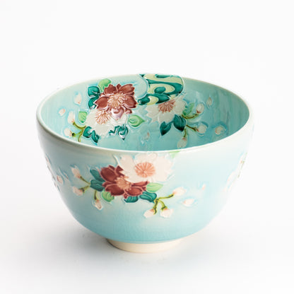 抹茶碗　淡青交趾 "桜に観世水"　一如 KOTOPOTTER