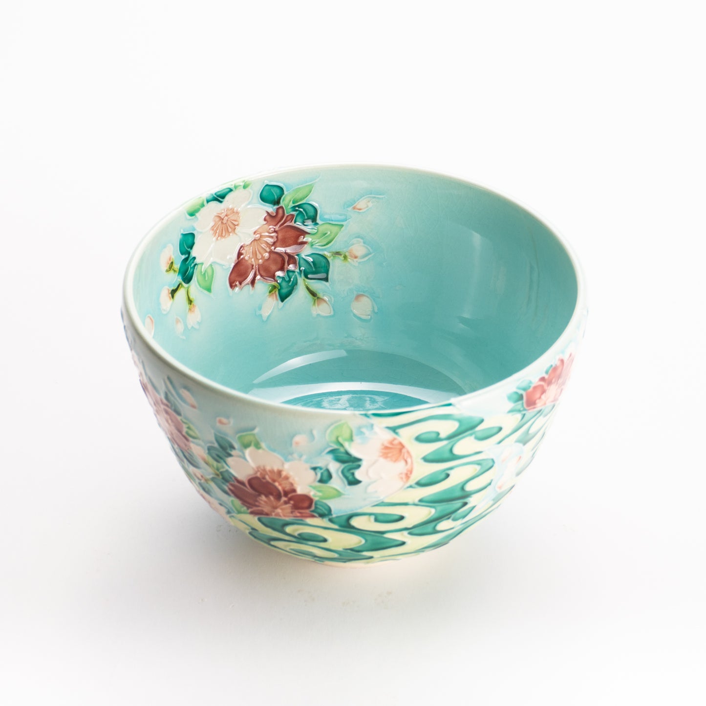 抹茶碗　淡青交趾 "桜に観世水"　一如 KOTOPOTTER