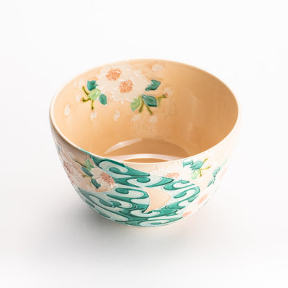 抹茶碗　淡桃交趾 "桜に観世水"　一如 KOTOPOTTER