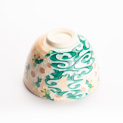 抹茶碗　淡桃交趾 "桜に観世水"　一如 KOTOPOTTER