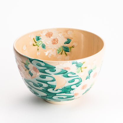 抹茶碗　淡桃交趾 "桜に観世水"　一如 KOTOPOTTER