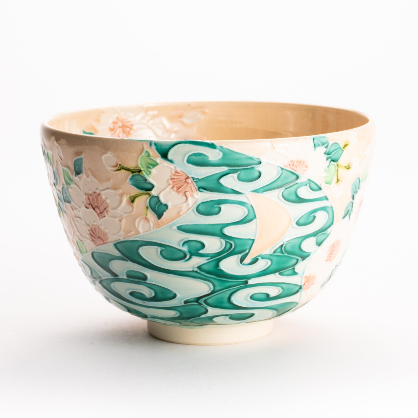 抹茶碗　淡桃交趾 "桜に観世水"　一如 KOTOPOTTER