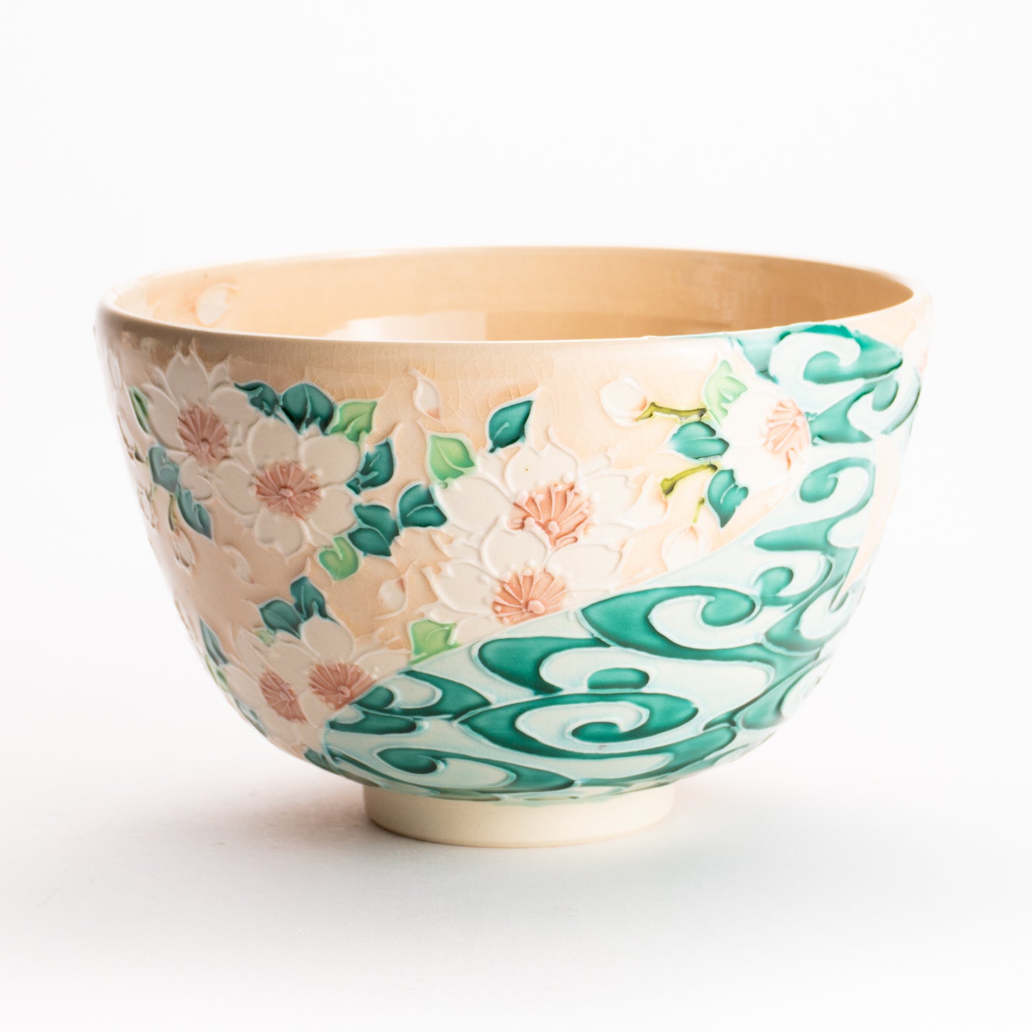 抹茶碗　淡桃交趾 "桜に観世水"　一如 KOTOPOTTER