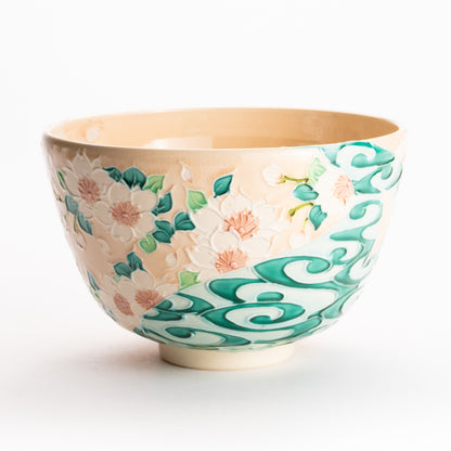 抹茶碗　淡桃交趾 "桜に観世水"　一如 KOTOPOTTER