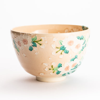 抹茶碗　淡桃交趾 "桜に観世水"　一如 KOTOPOTTER