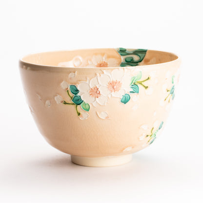 抹茶碗　淡桃交趾 "桜に観世水"　一如 KOTOPOTTER