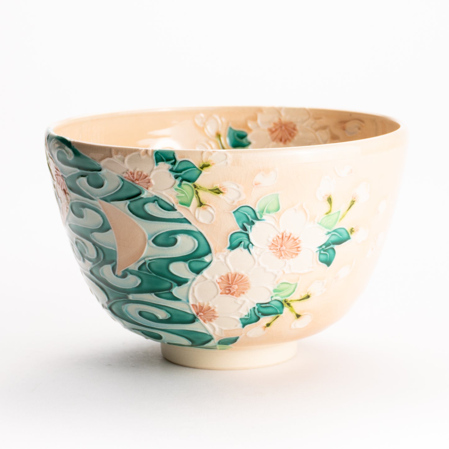 抹茶碗　淡桃交趾 "桜に観世水"　一如 KOTOPOTTER