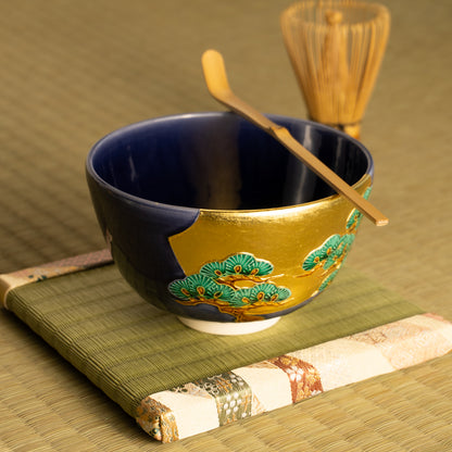 抹茶碗　紺交趾金箔 "老松に月"　一如 KOTOPOTTER