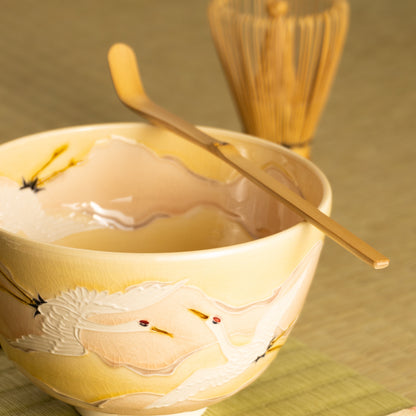 抹茶碗　淡桃交趾 "朝焼けに鶴"　一如 KOTOPOTTER