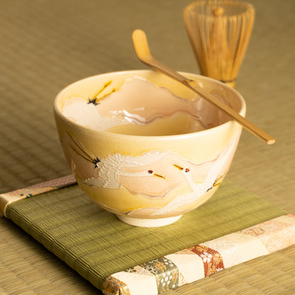 抹茶碗　淡桃交趾 "朝焼けに鶴"　一如 KOTOPOTTER