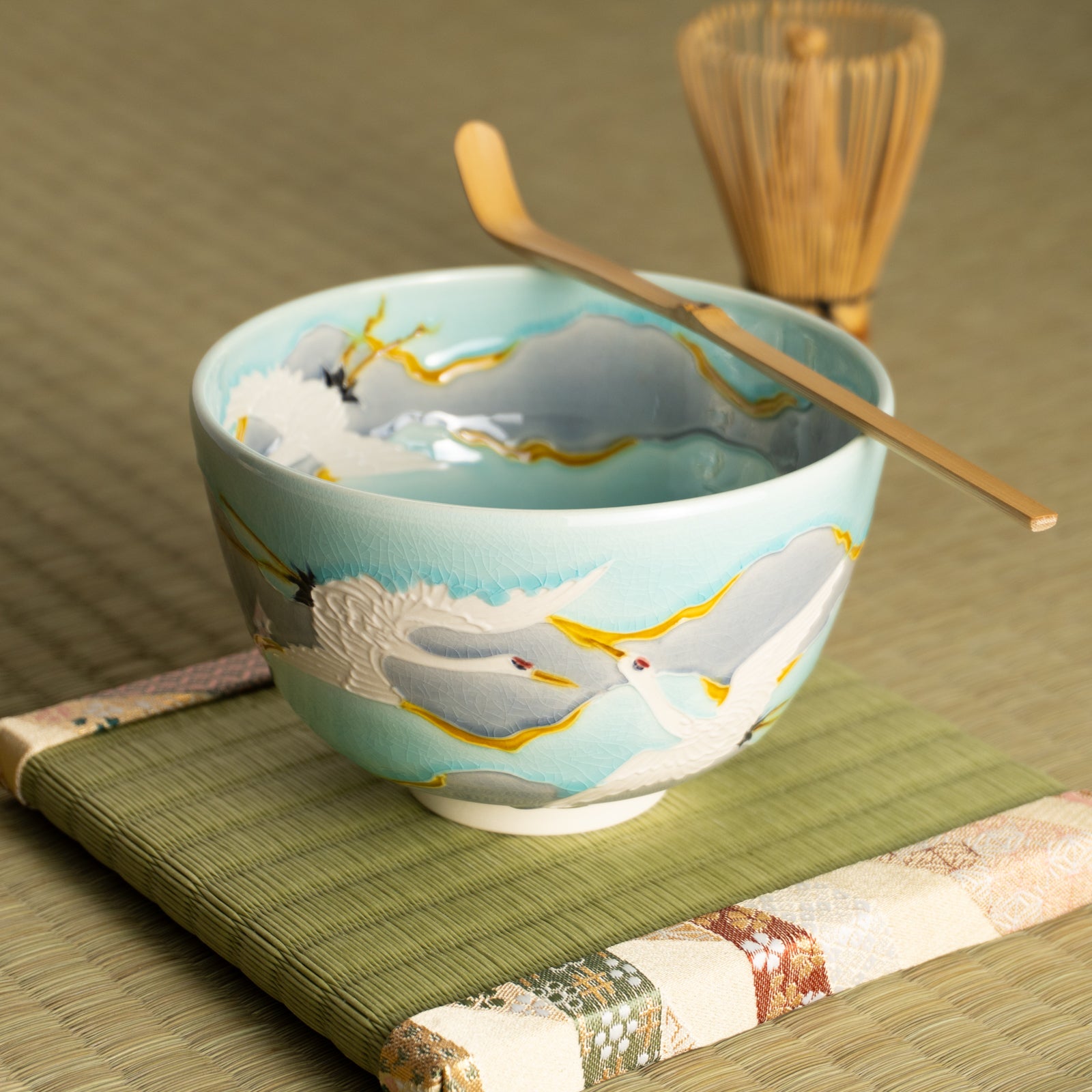 京都 清水焼】抹茶碗 淡青交趾 