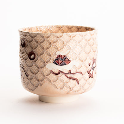 抹茶碗　淡桃"宝尽七宝紋"　一如 KOTOPOTTER