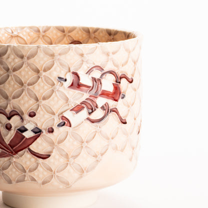抹茶碗　淡桃"宝尽七宝紋"　一如 KOTOPOTTER