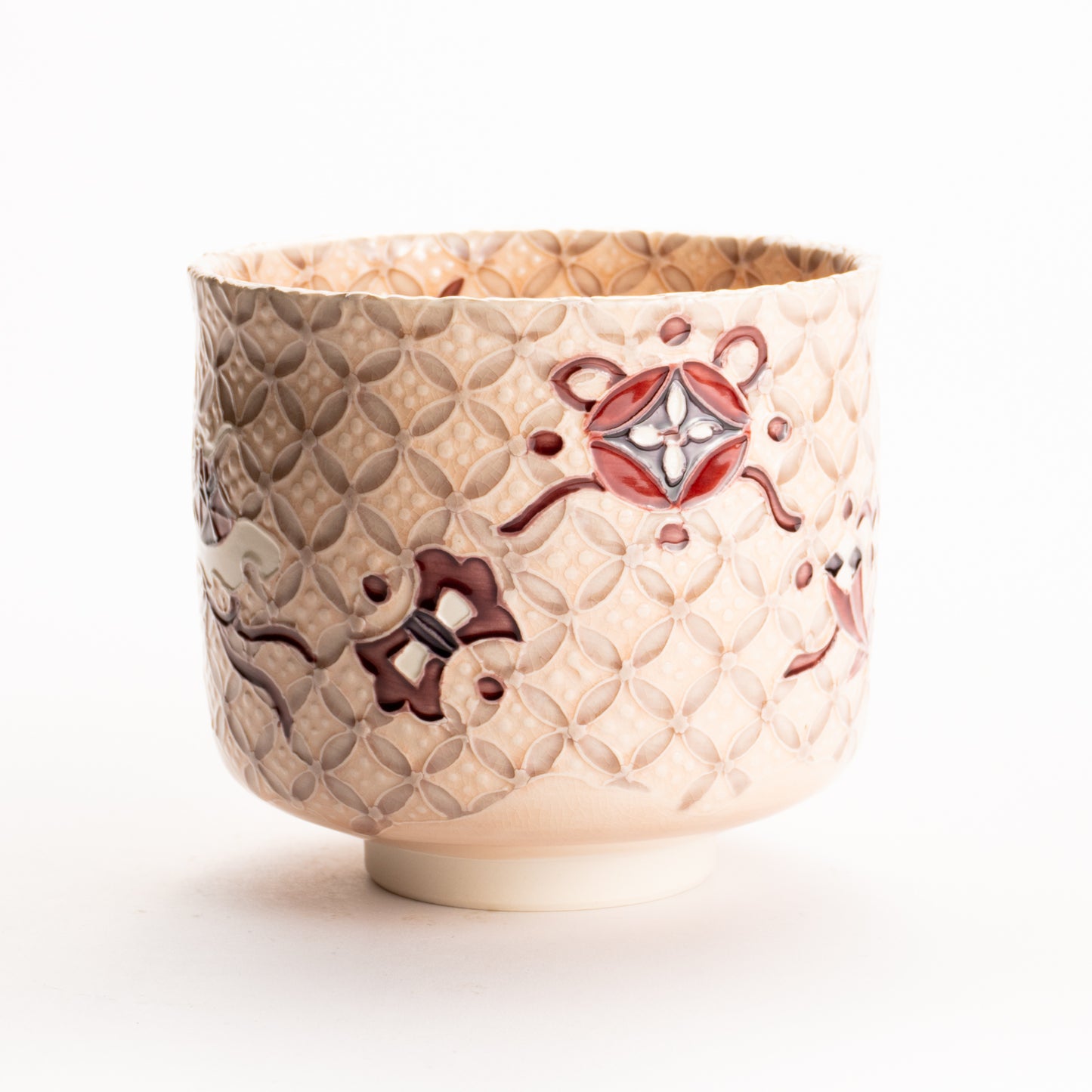 抹茶碗　淡桃"宝尽七宝紋"　一如 KOTOPOTTER