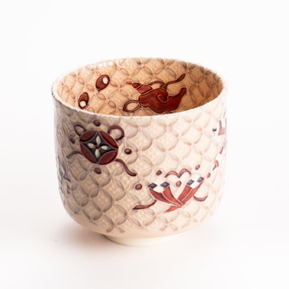 抹茶碗　淡桃"宝尽七宝紋"　一如 KOTOPOTTER