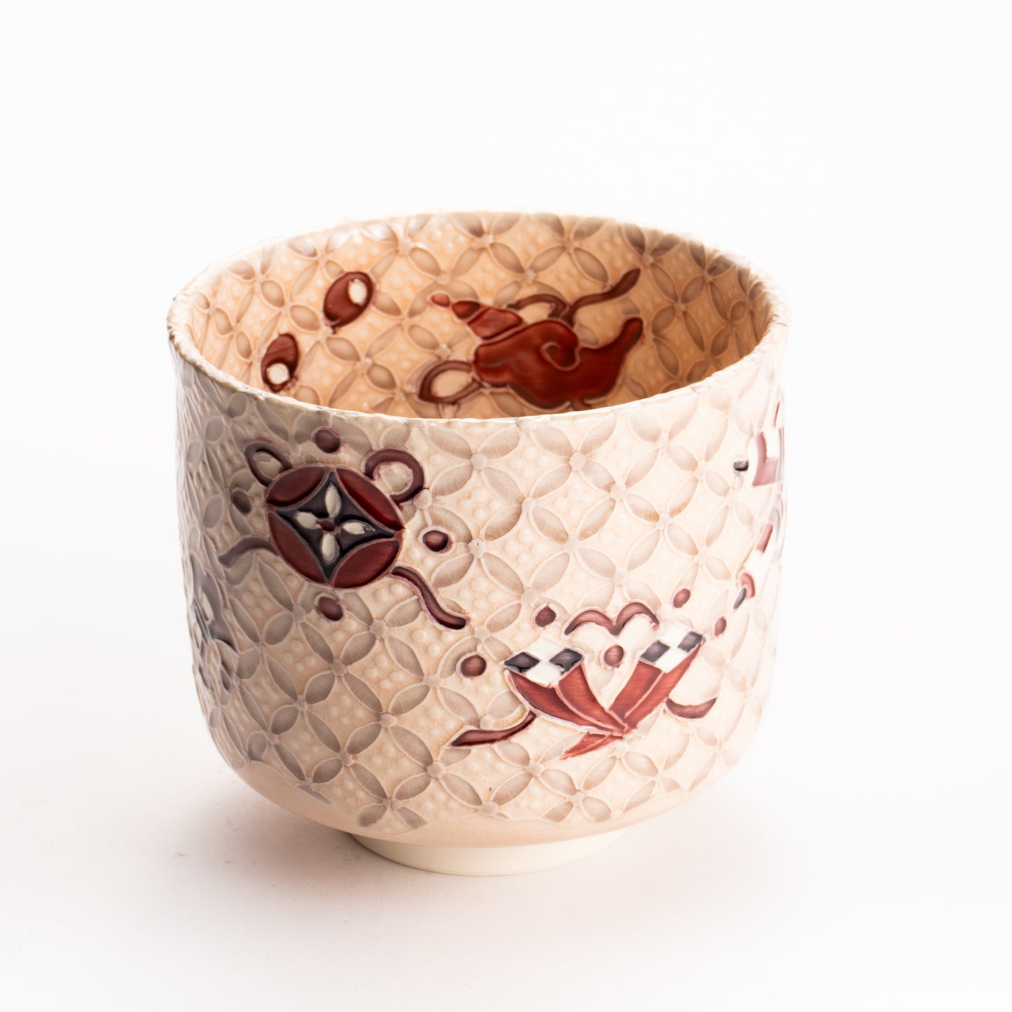 抹茶碗　淡桃"宝尽七宝紋"　一如 KOTOPOTTER