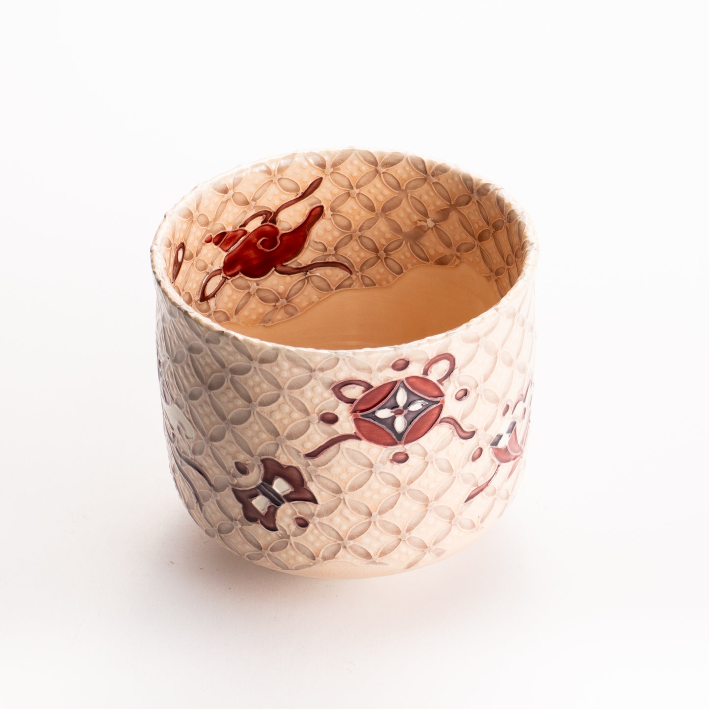 抹茶碗　淡桃"宝尽七宝紋"　一如 KOTOPOTTER
