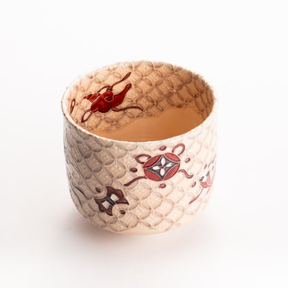 抹茶碗　淡桃"宝尽七宝紋"　一如 KOTOPOTTER