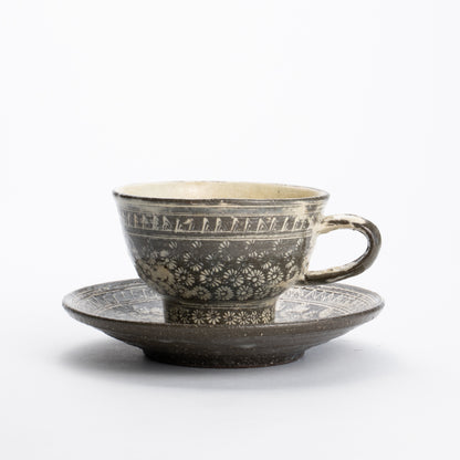 紅茶碗皿　花三島　伯耆正一 - Handcrafted Japanese pottery from Kyoto - Kyo ware / Kiyomizu ware.