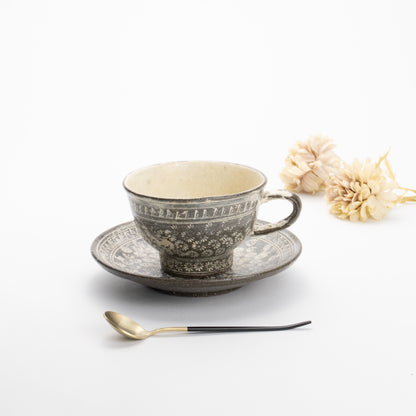 紅茶碗皿　花三島　伯耆正一 - Handcrafted Japanese pottery from Kyoto - Kyo ware / Kiyomizu ware.