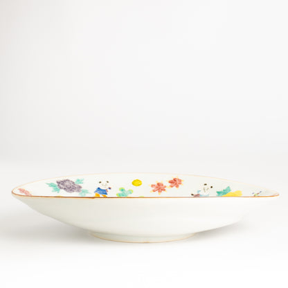 だ円皿　交趾 草花紋唐子　秀峰堂 KOTOPOTTER