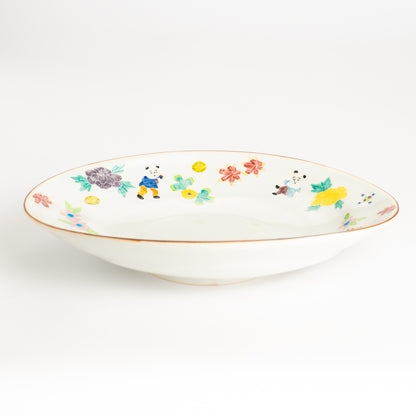 だ円皿　交趾 草花紋唐子　秀峰堂 KOTOPOTTER