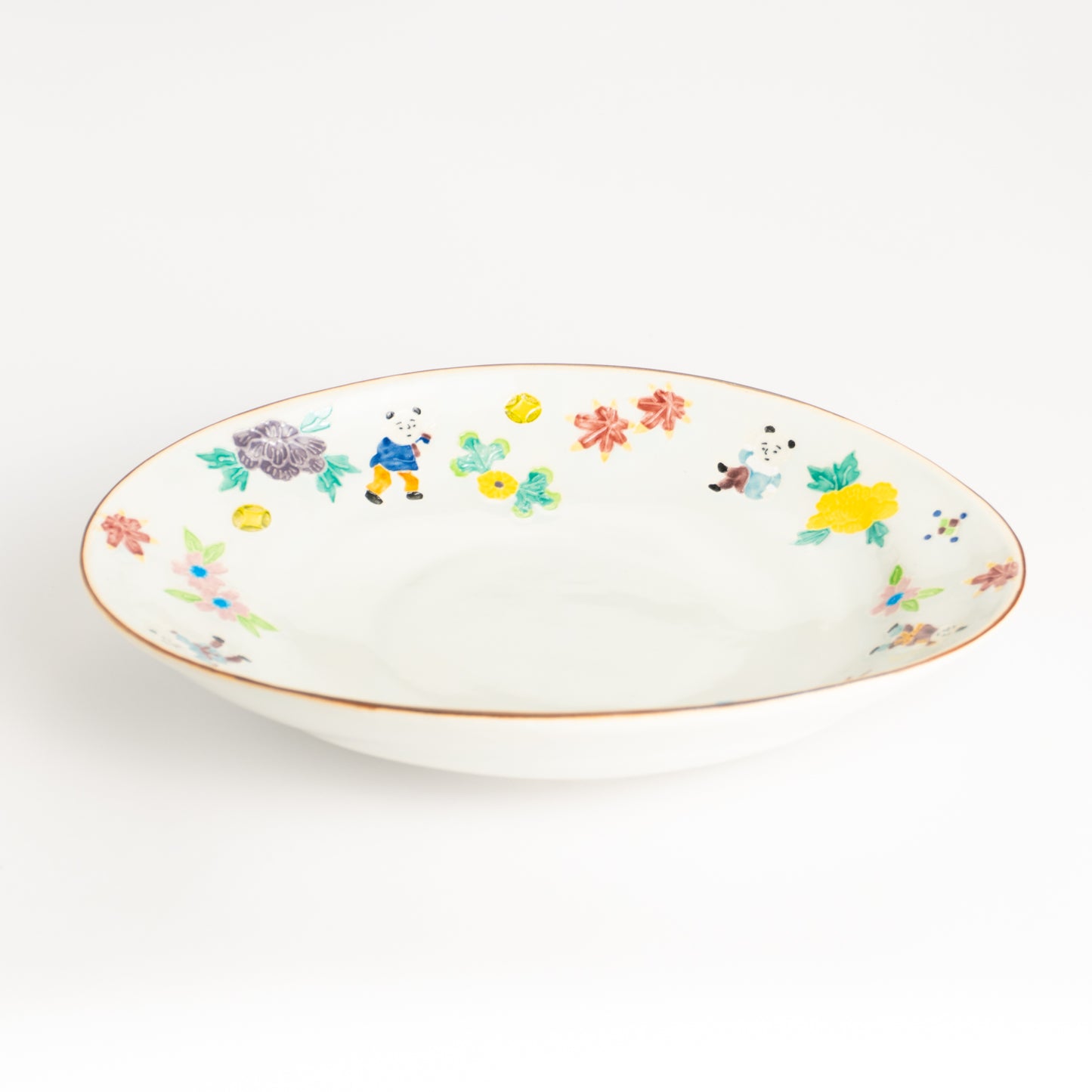 だ円皿　交趾 草花紋唐子　秀峰堂 KOTOPOTTER