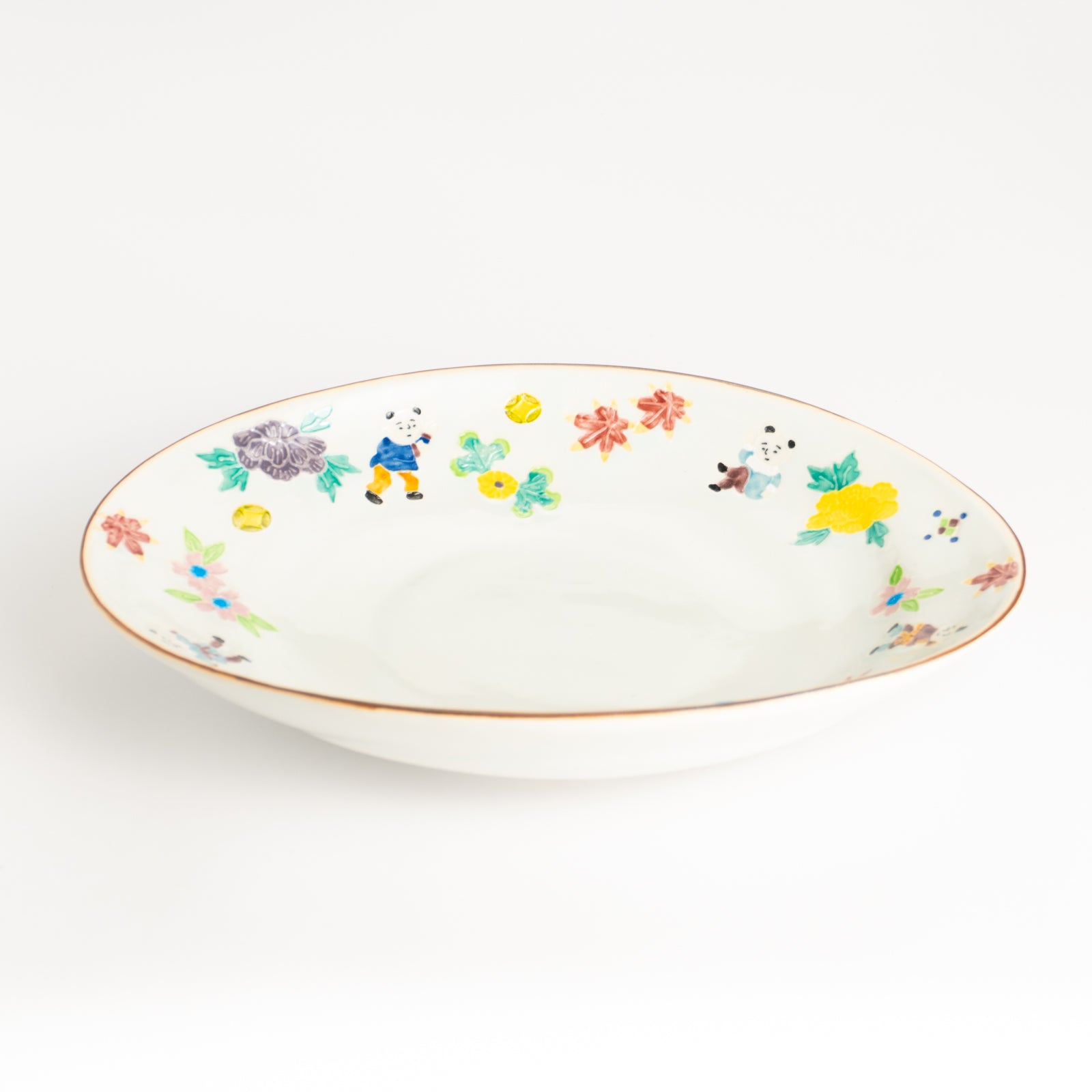 だ円皿　交趾 草花紋唐子　秀峰堂 KOTOPOTTER