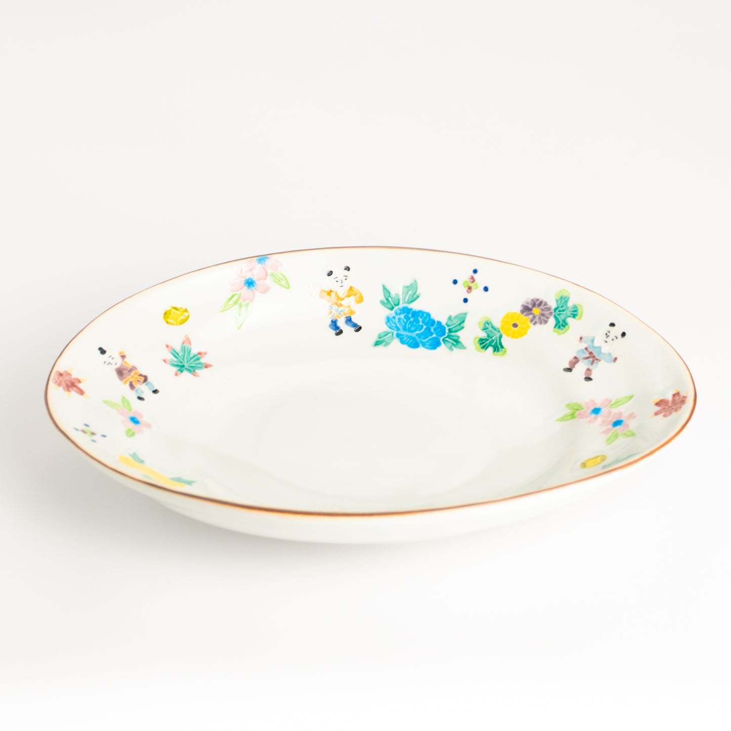 だ円皿　交趾 草花紋唐子　秀峰堂 KOTOPOTTER