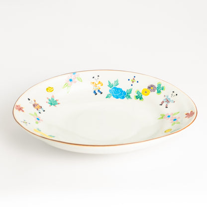 だ円皿　交趾 草花紋唐子　秀峰堂 KOTOPOTTER