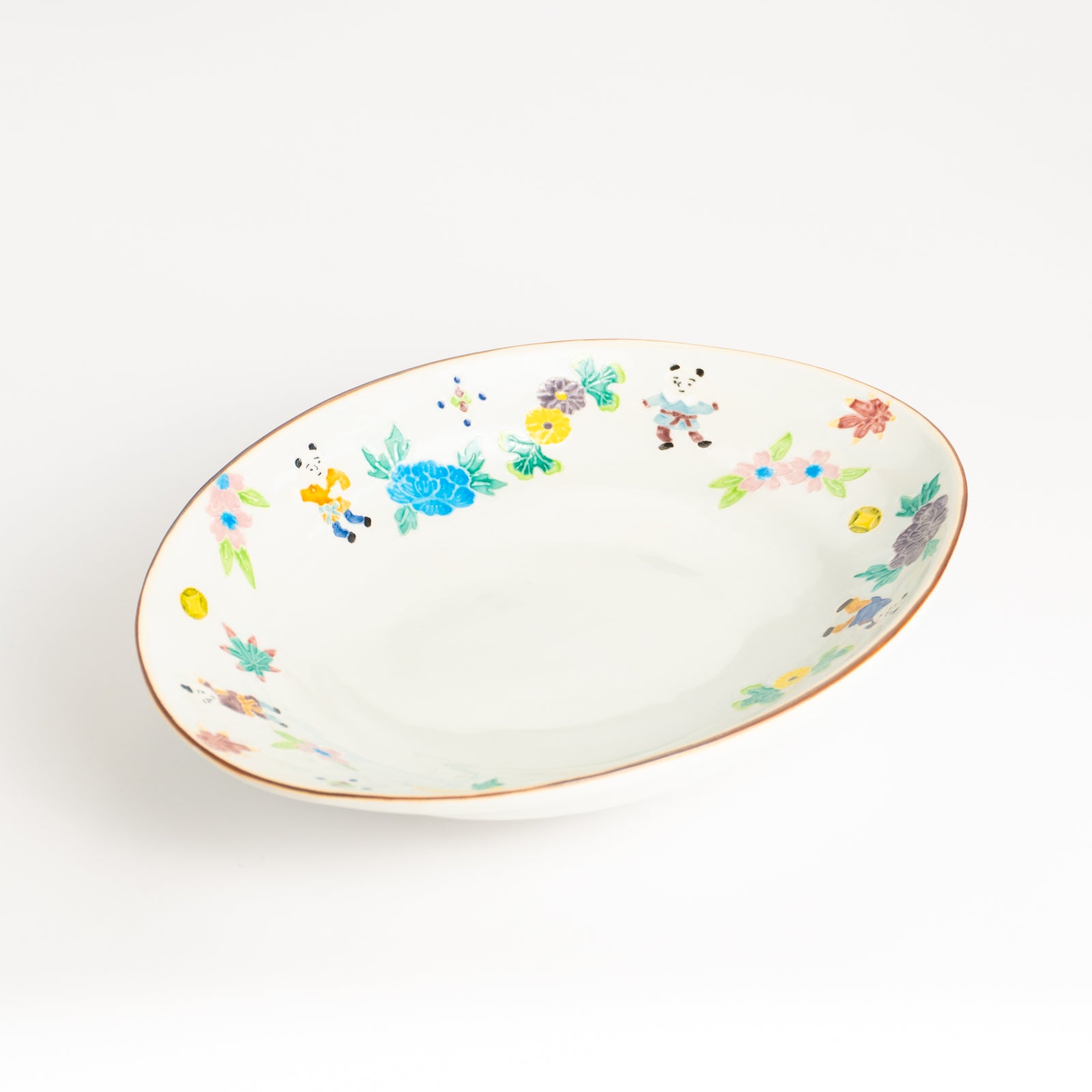 だ円皿　交趾 草花紋唐子　秀峰堂 KOTOPOTTER