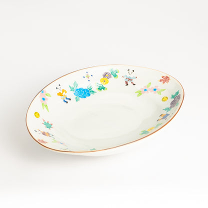 だ円皿　交趾 草花紋唐子　秀峰堂 KOTOPOTTER