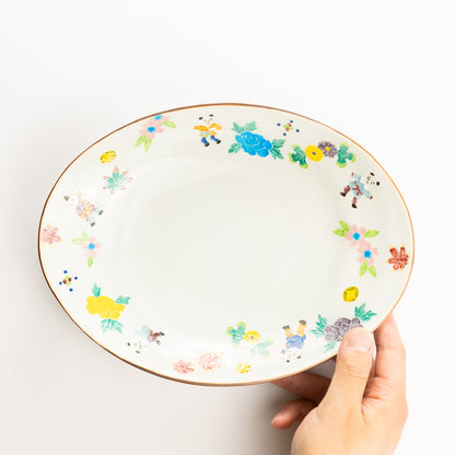 だ円皿　交趾 草花紋唐子　秀峰堂 KOTOPOTTER