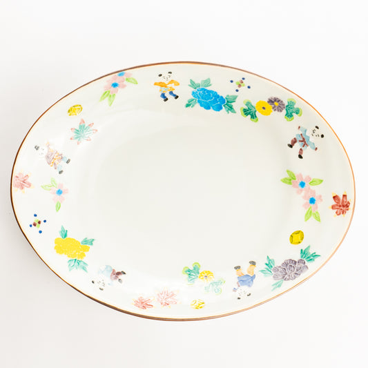 だ円皿　交趾 草花紋唐子　秀峰堂 KOTOPOTTER