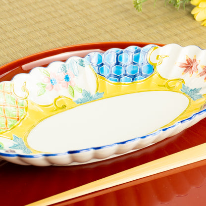 菊割長皿　交趾四季草花 有職紋　秀峰堂 KOTOPOTTER