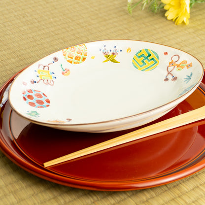 だ円皿　交趾 丸紋宝尽くし　秀峰堂 KOTOPOTTER