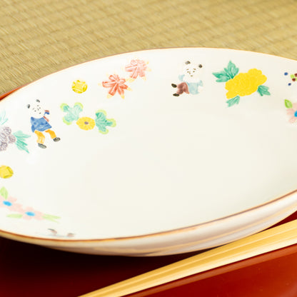 だ円皿　交趾 草花紋唐子　秀峰堂 KOTOPOTTER