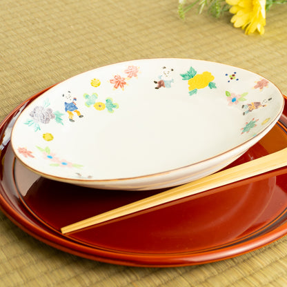 だ円皿　交趾 草花紋唐子　秀峰堂 KOTOPOTTER