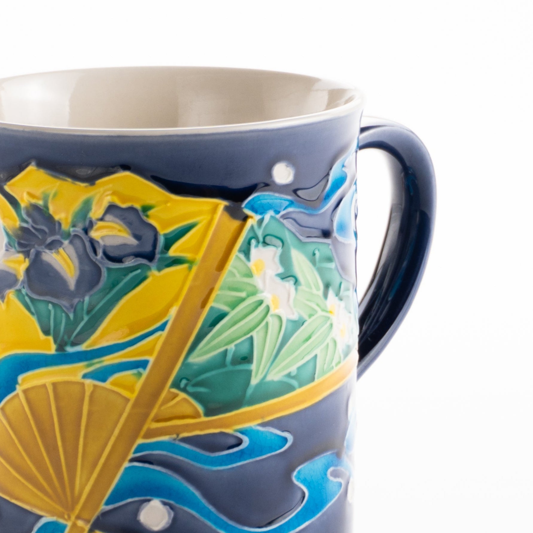 マグカップ　四季草花扇面ブルー　一如 - Handcrafted Japanese pottery from Kyoto - Kyo ware / Kiyomizu ware.