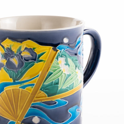 マグカップ　四季草花扇面ブルー　一如 - Handcrafted Japanese pottery from Kyoto - Kyo ware / Kiyomizu ware.