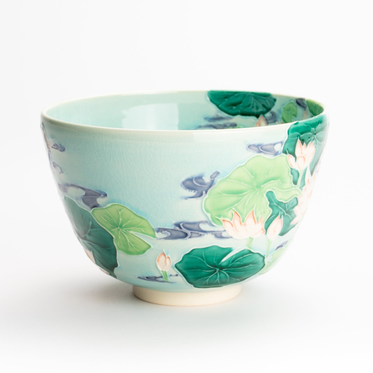 抹茶碗　淡青交趾 "蓮に鯉"　一如 KOTOPOTTER