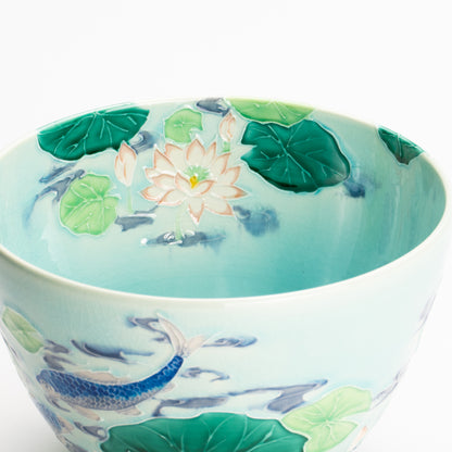 抹茶碗　淡青交趾 "蓮に鯉"　一如 KOTOPOTTER