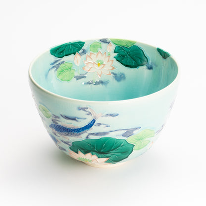 抹茶碗　淡青交趾 "蓮に鯉"　一如 KOTOPOTTER