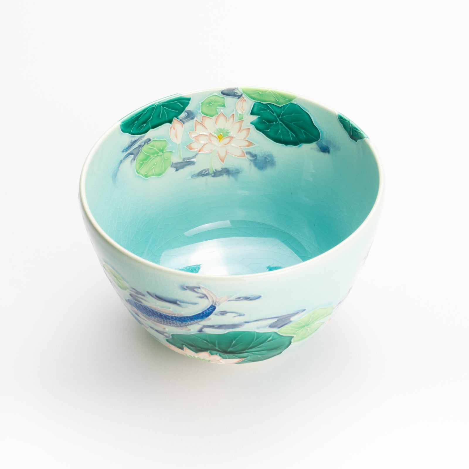 抹茶碗　淡青交趾 "蓮に鯉"　一如 KOTOPOTTER