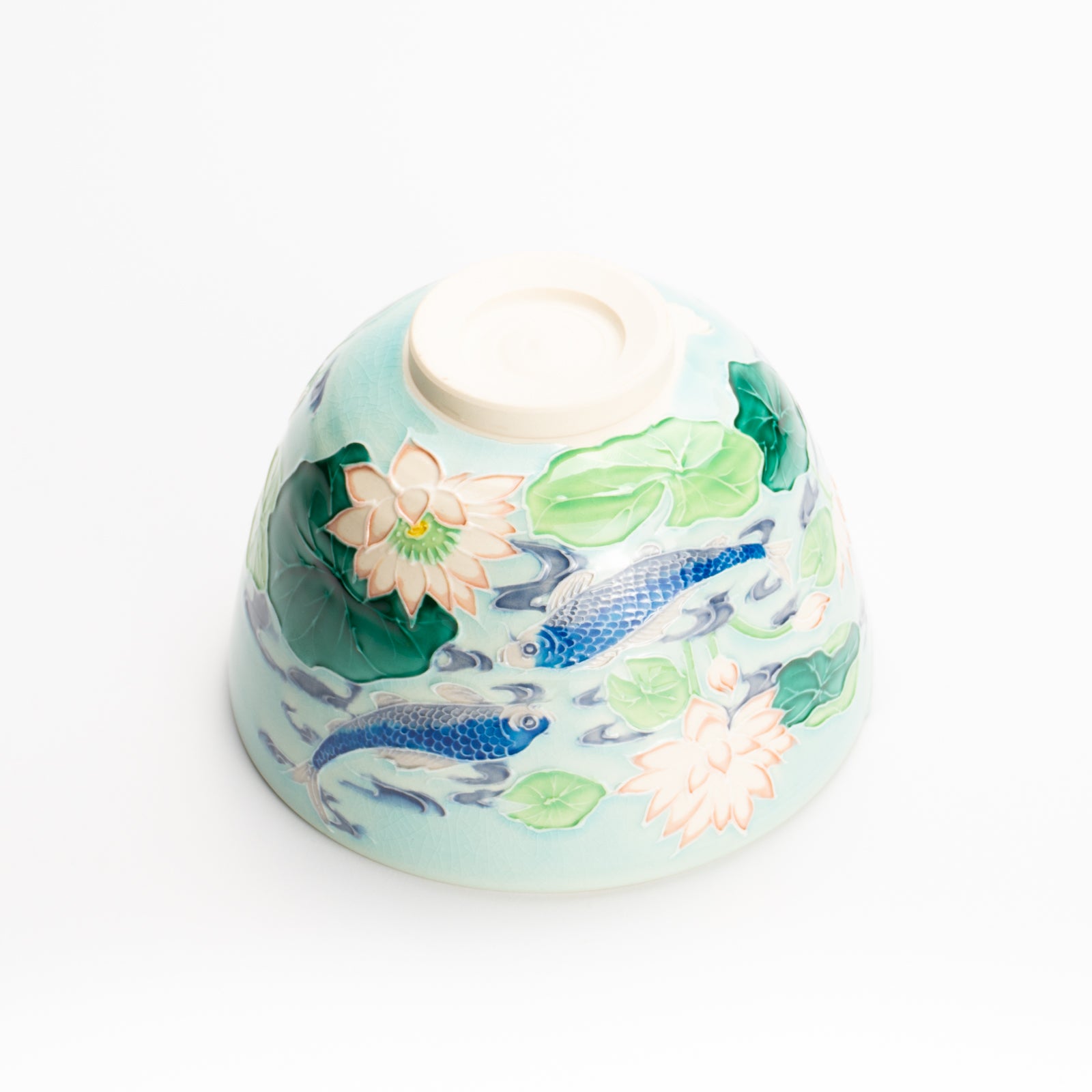 抹茶碗　淡青交趾 "蓮に鯉"　一如 KOTOPOTTER