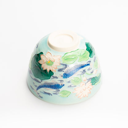 抹茶碗　淡青交趾 "蓮に鯉"　一如 KOTOPOTTER
