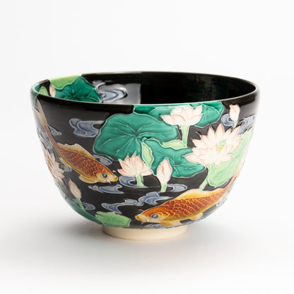 抹茶碗　紫交趾 "蓮に鯉"　一如 KOTOPOTTER