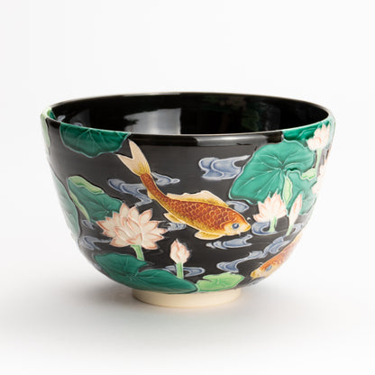 抹茶碗　紫交趾 "蓮に鯉"　一如 KOTOPOTTER