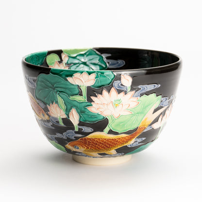 抹茶碗　紫交趾 "蓮に鯉"　一如 KOTOPOTTER